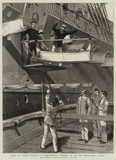 With Sir Gerald Graham at Suakim, hoisting wounded on to the Hospital-Ship Ganges by Charles Edwin Fripp